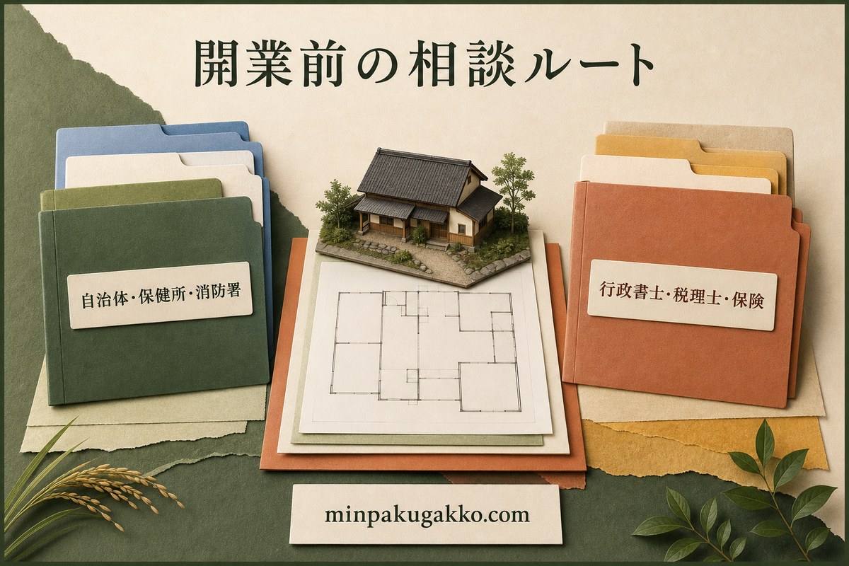田植え体験型民泊の相談先を自治体、保健所、消防署、行政書士、税理士、保険で整理した図解