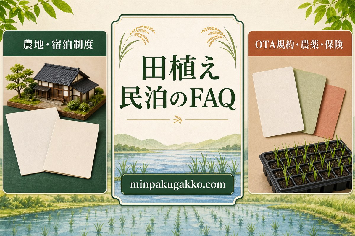 田植え民泊の農地・宿泊制度、OTA規約、農薬、保険のFAQを整理した図解