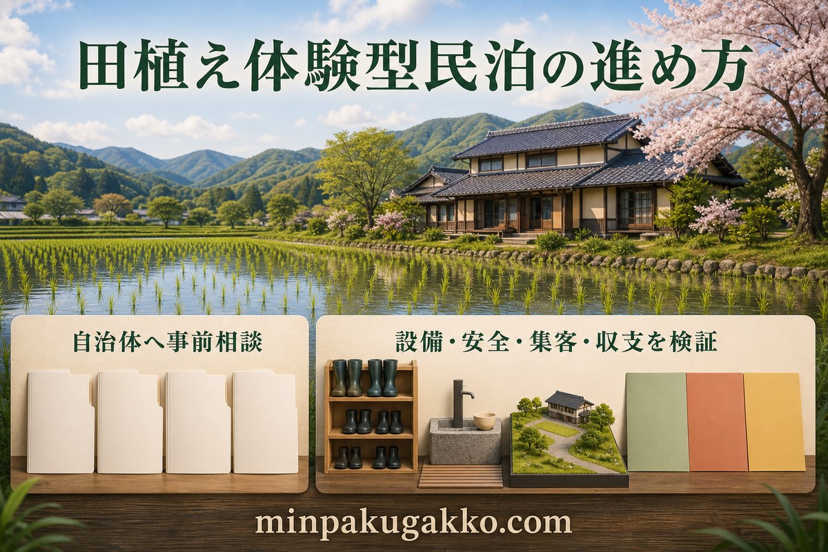 自治体への事前相談から設備・安全整備、集客、収支検証までを示した田植え民泊のロードマップ図解