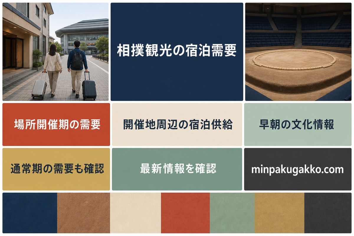 場所開催期と通常期、早朝の文化情報、開催地周辺の宿泊供給を整理した相撲観光の宿泊需要図