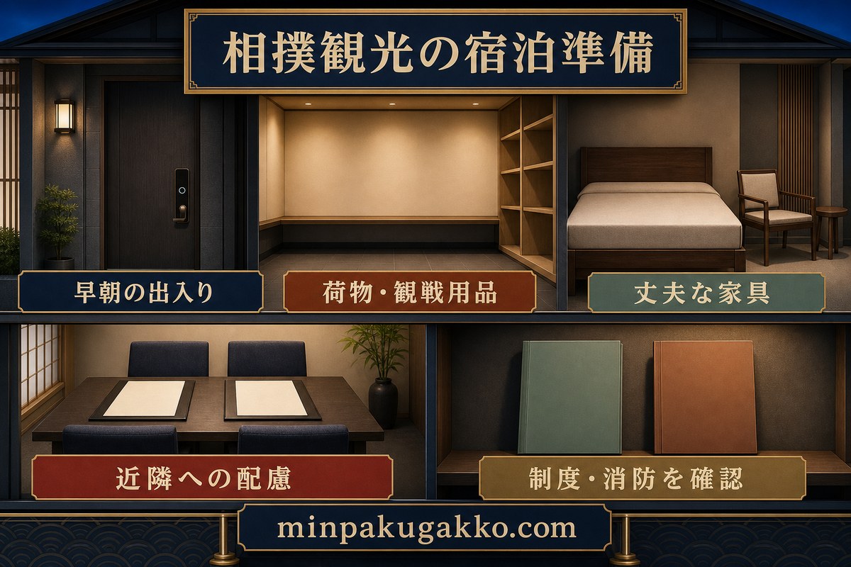 早朝の出入り、荷物と観戦用品、丈夫な家具、近隣配慮、制度と消防を整理した相撲観光の宿泊準備図
