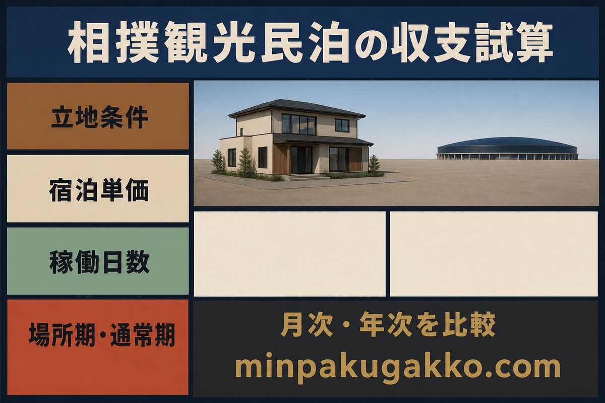 立地条件、宿泊単価、稼働日数、場所期と通常期から月次と年次を比較する相撲観光民泊の収支試算図