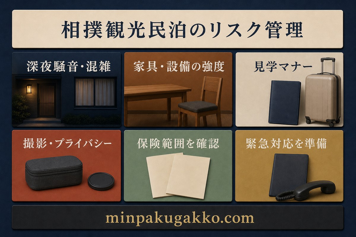 深夜騒音と混雑、家具と設備の強度、見学マナー、撮影とプライバシー、保険、緊急対応を整理したリスク管理図