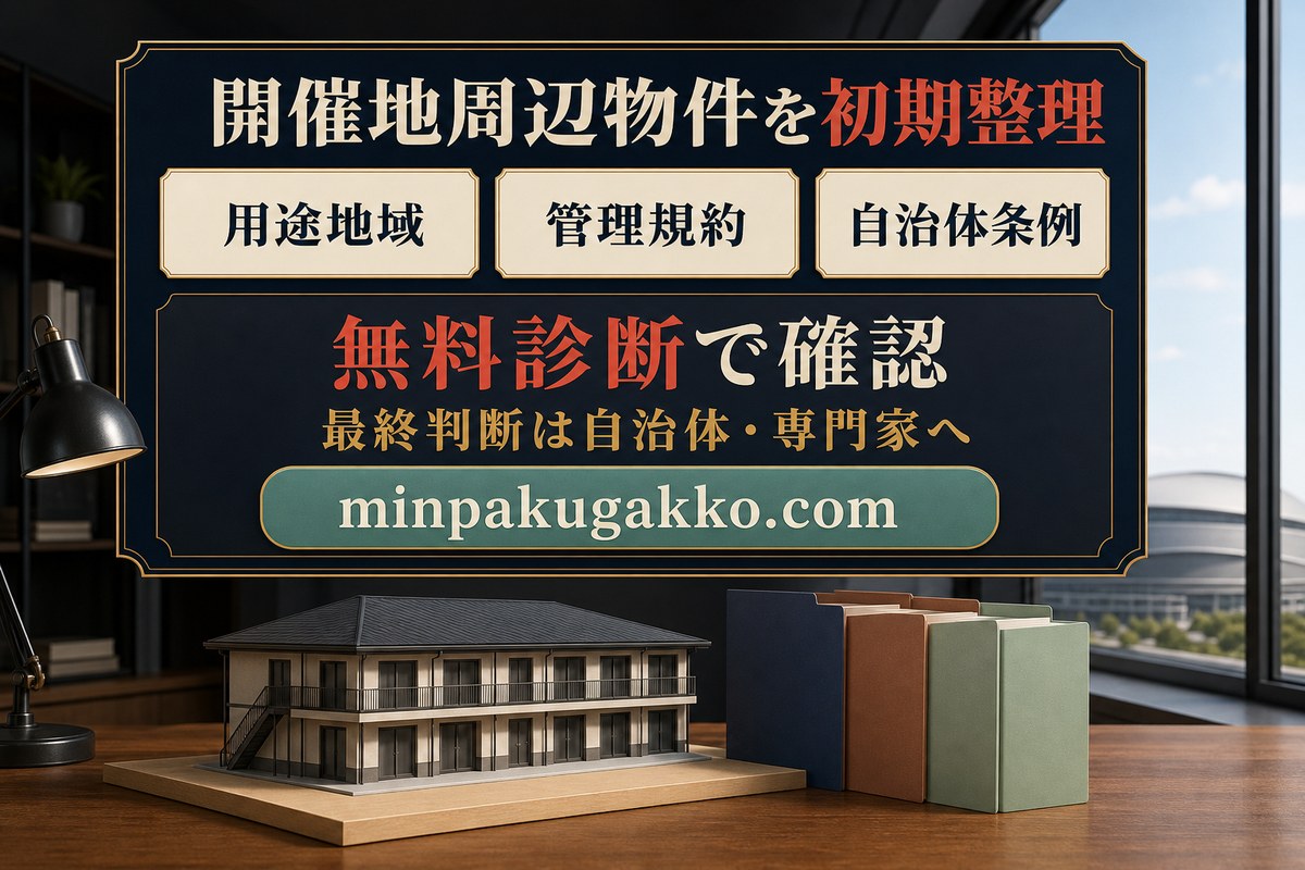 用途地域、管理規約、自治体条例から相撲開催地周辺物件を初期整理し、自治体と専門家の最終確認につなげる無料診断図