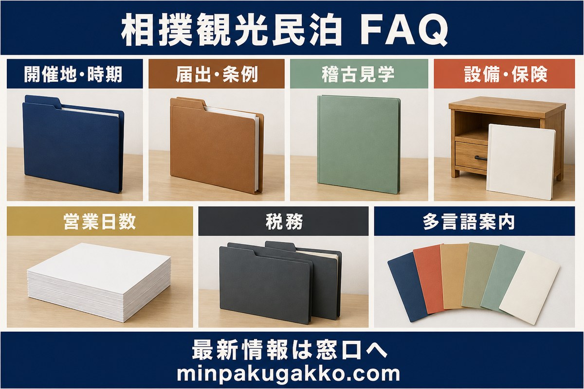 開催地と時期、届出と条例、稽古見学、設備と保険、営業日数、税務、多言語案内を整理した相撲観光民泊のFAQ図