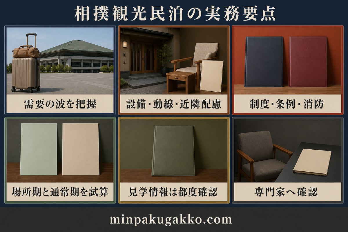 需要の波、設備と動線と近隣配慮、制度と条例と消防、場所期と通常期、見学情報、専門家確認を整理した実務要点図