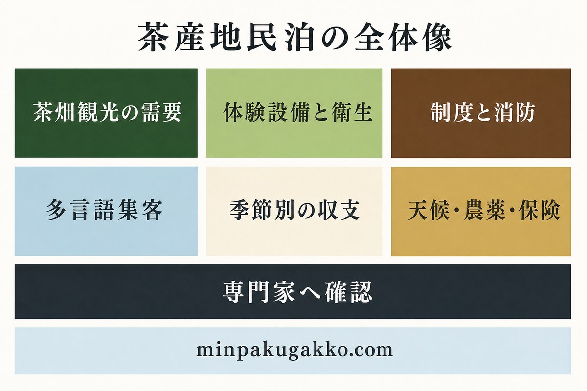 茶畑観光需要、体験設備と衛生、制度と消防、多言語集客、季節別収支、天候と農薬と保険、専門家確認を整理した記事概要図