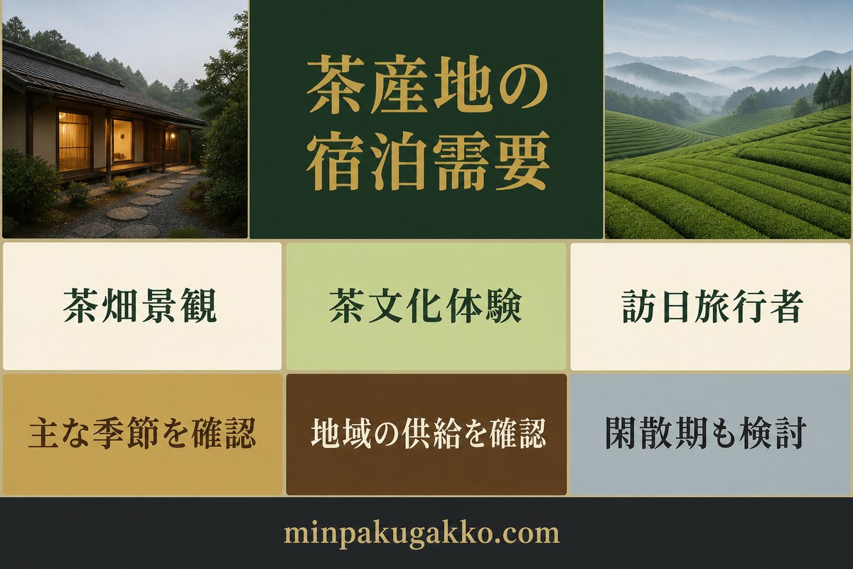 茶畑景観、茶文化体験、訪日旅行者、主な季節、地域の宿泊供給、閑散期を整理した茶産地の宿泊需要図