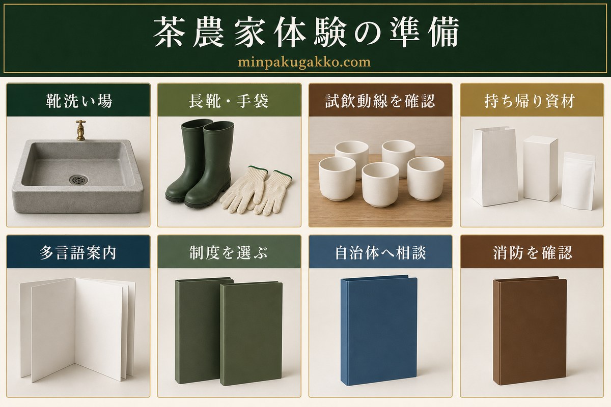 靴洗い場、長靴と手袋、試飲動線、持ち帰り資材、多言語案内、制度選択、自治体と消防への相談を整理した茶農家体験準備図