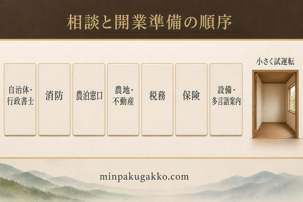 自治体と行政書士、消防、農泊窓口、農地と不動産、税務、保険、設備と多言語案内を順に確認して小さく試運転する開業準備図