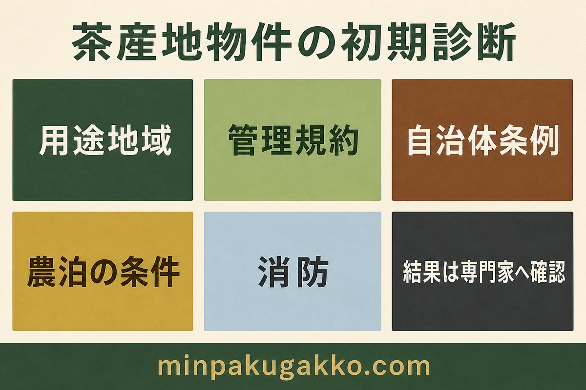 用途地域、管理規約、自治体条例、農泊の条件、消防を初期整理して専門家確認につなげる茶産地物件診断図