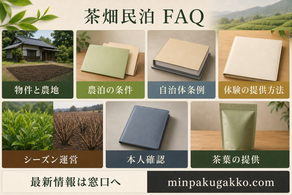 物件と農地、農泊の条件、自治体条例、体験提供、シーズン運営、本人確認、茶葉提供を整理した茶畑民泊FAQ図