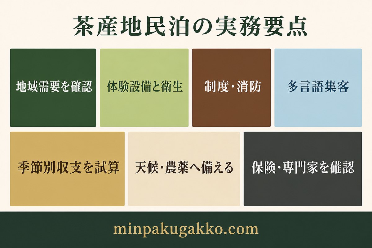 地域需要、体験設備と衛生、制度と消防、多言語集客、季節別収支、天候と農薬、保険と専門家確認を整理した茶産地民泊の実務要点図