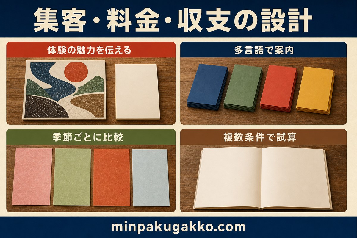 木版画体験民泊の集客、料金、収支を多言語案内と複数条件で整理した図解