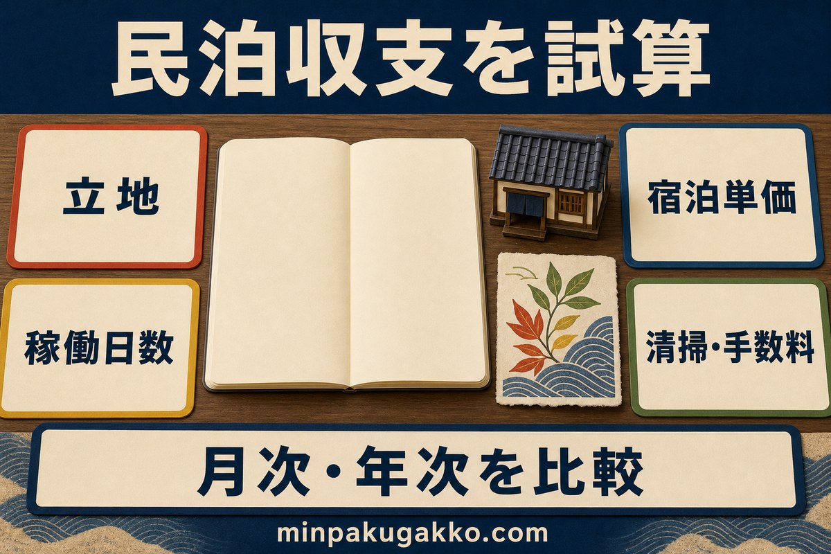 民泊収支を立地、宿泊単価、稼働日数、清掃手数料で試算する図解