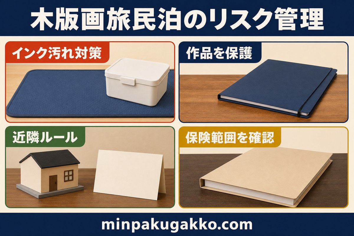 木版画体験民泊のインク汚れ、作品保護、近隣ルール、保険確認を整理した図解