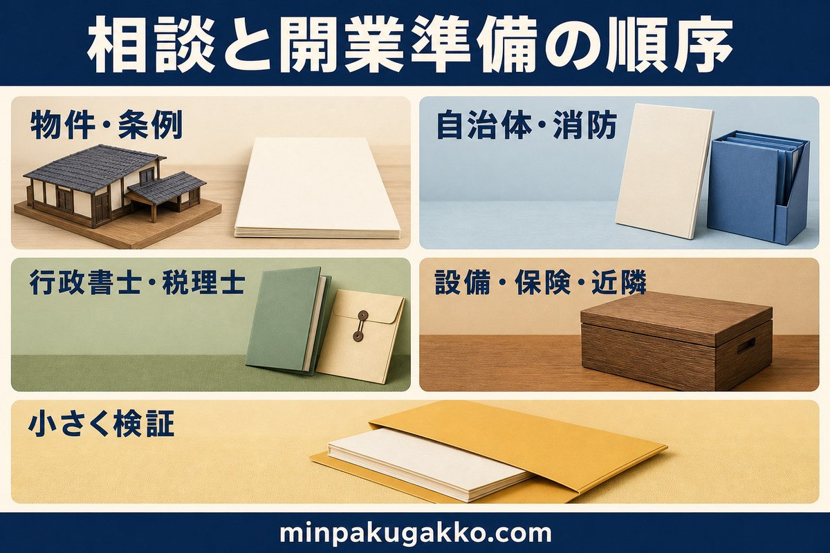 木版画体験民泊の物件条例、自治体消防、専門家、設備保険近隣の相談順序を示す図解