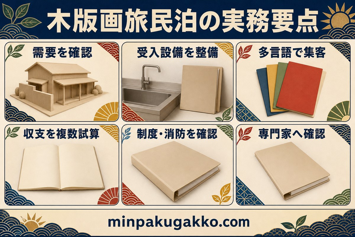 木版画体験民泊の需要、設備、集客、収支、制度消防、専門家確認をまとめた図解