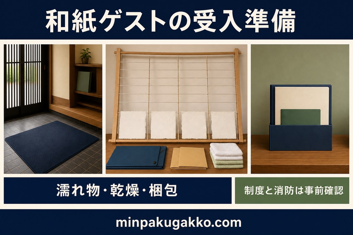 紙漉き体験後の濡れ物、乾燥、梱包と制度・消防確認を整理した図解