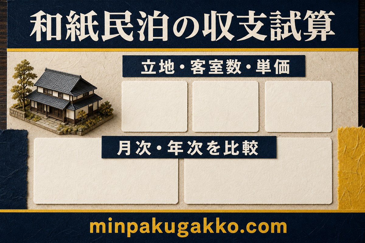 和紙産地の民泊収支を立地、客室数、単価、月次、年次で比較する図解