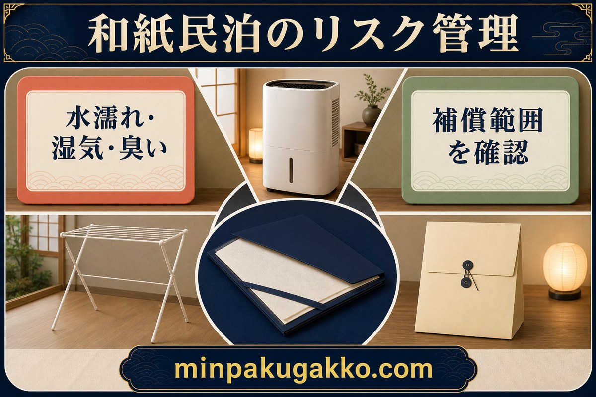 水濡れ、湿気、臭い、補償範囲を整理した和紙民泊のリスク管理図解