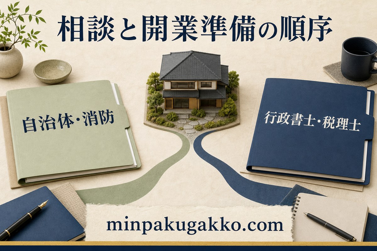 和紙体験民泊の自治体、消防、行政書士、税理士への相談順序を整理した図解