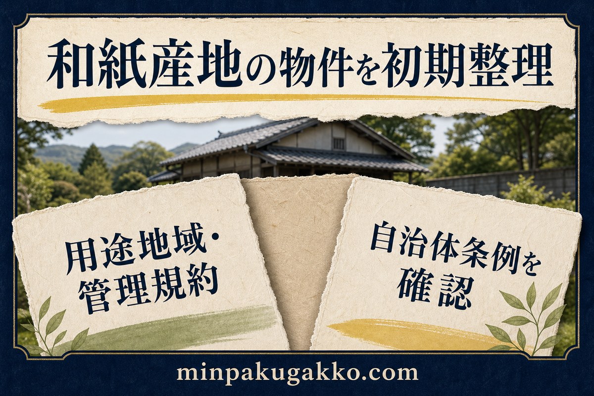 和紙産地の物件について用途地域、管理規約、自治体条例を初期整理する図解