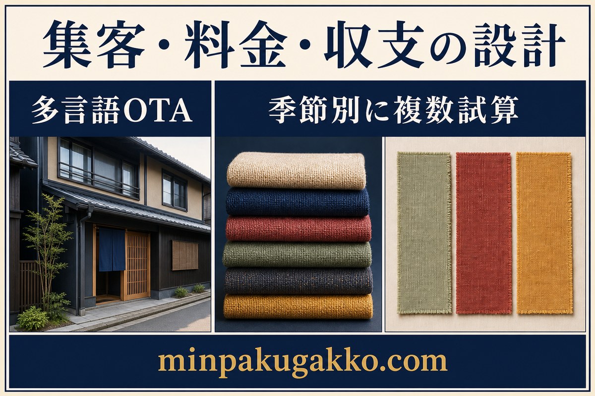 機織り体験観光型民泊の多言語OTA、季節別料金、収支試算を整理した図解