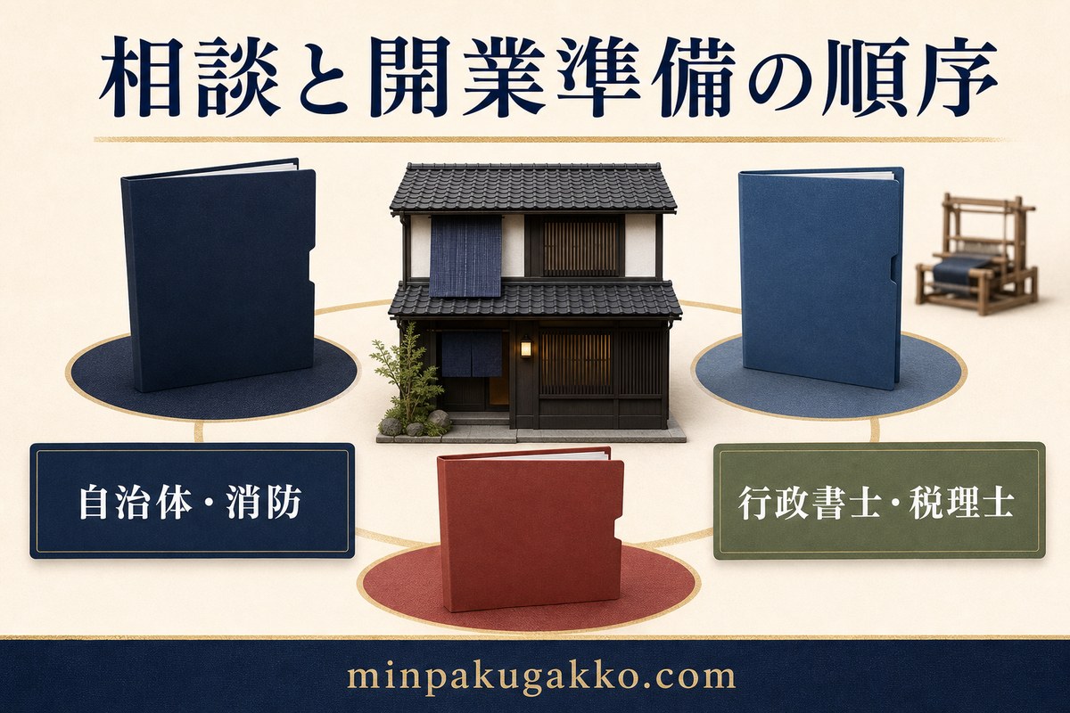 機織り体験観光型民泊の自治体、消防、行政書士、税理士への相談順序を整理した図解