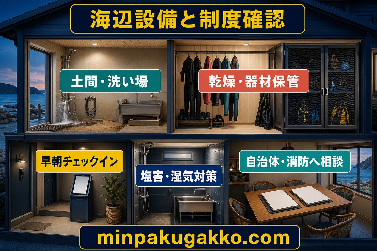土間と洗い場、乾燥と器材保管、早朝チェックイン、塩害と湿気対策、自治体と消防への相談を整理した設備制度図