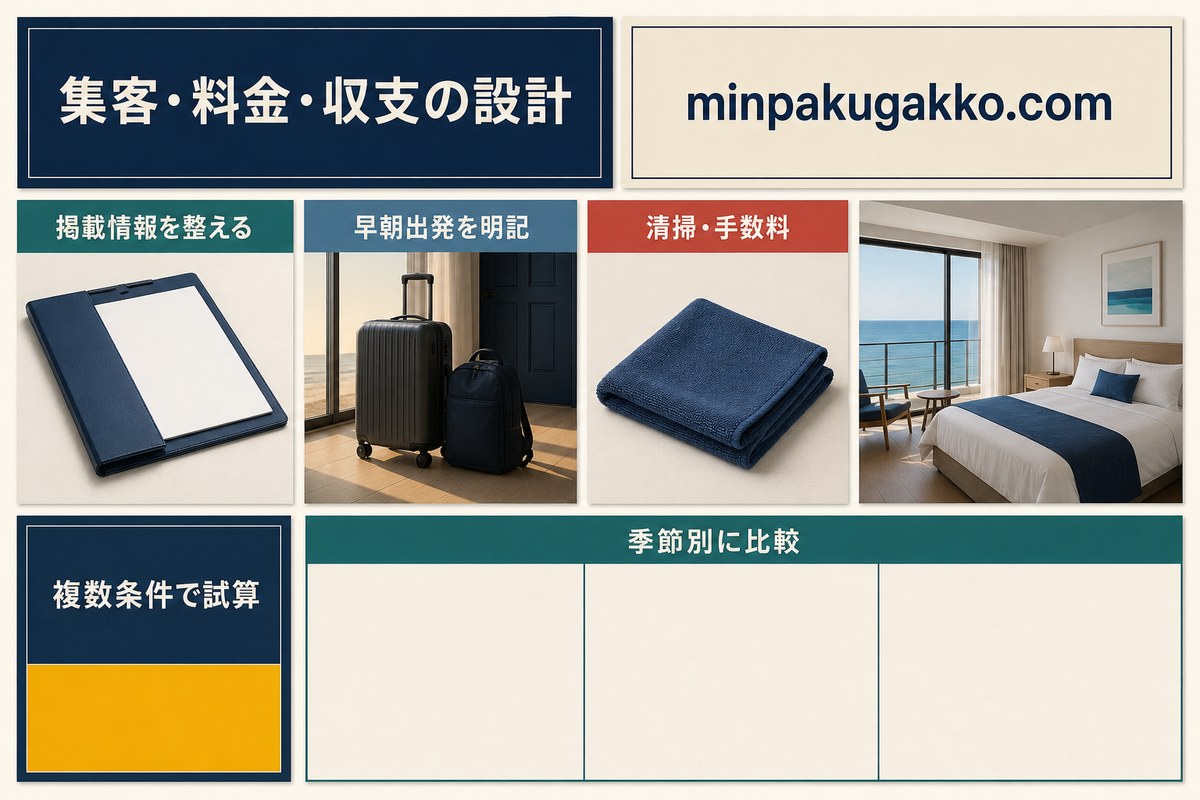 掲載情報、早朝出発案内、季節別料金、清掃費、手数料を複数条件で試算する集客収支図