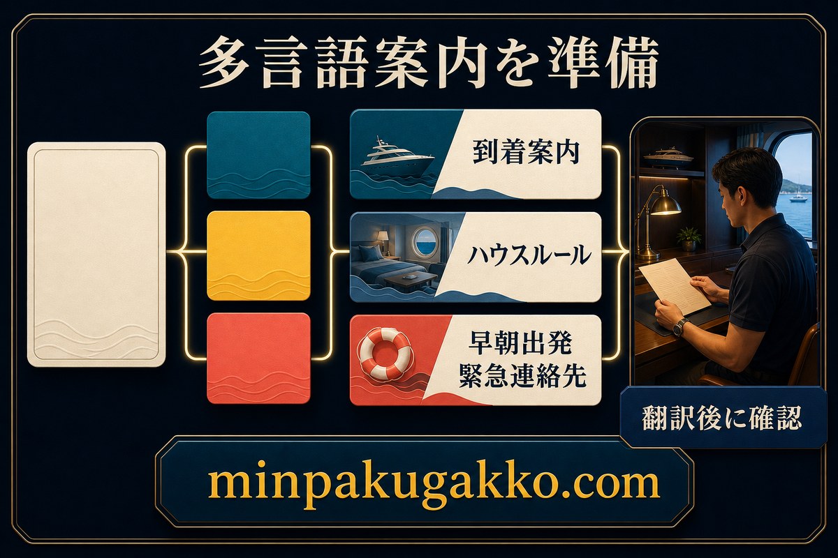 到着案内、ハウスルール、早朝出発、緊急連絡先を多言語化し、翻訳後に確認する流れの図