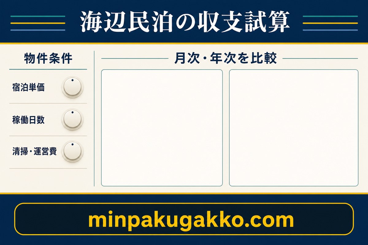 物件条件、宿泊単価、稼働日数、清掃費、運営費から月次と年次を比較する海辺民泊の収支試算図