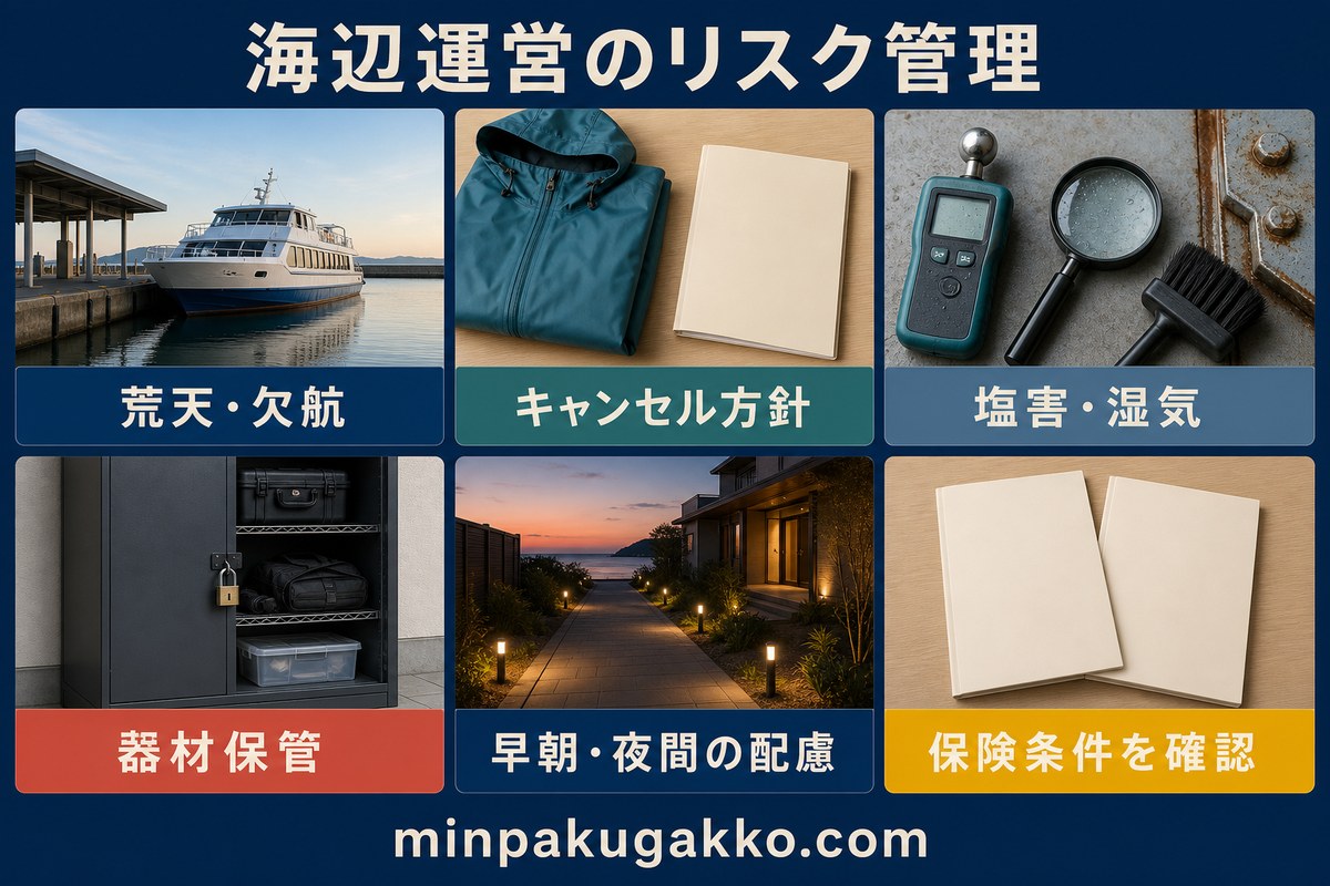 荒天と欠航、キャンセル方針、塩害と湿気、器材保管、早朝と夜間、保険条件を整理したリスク管理図