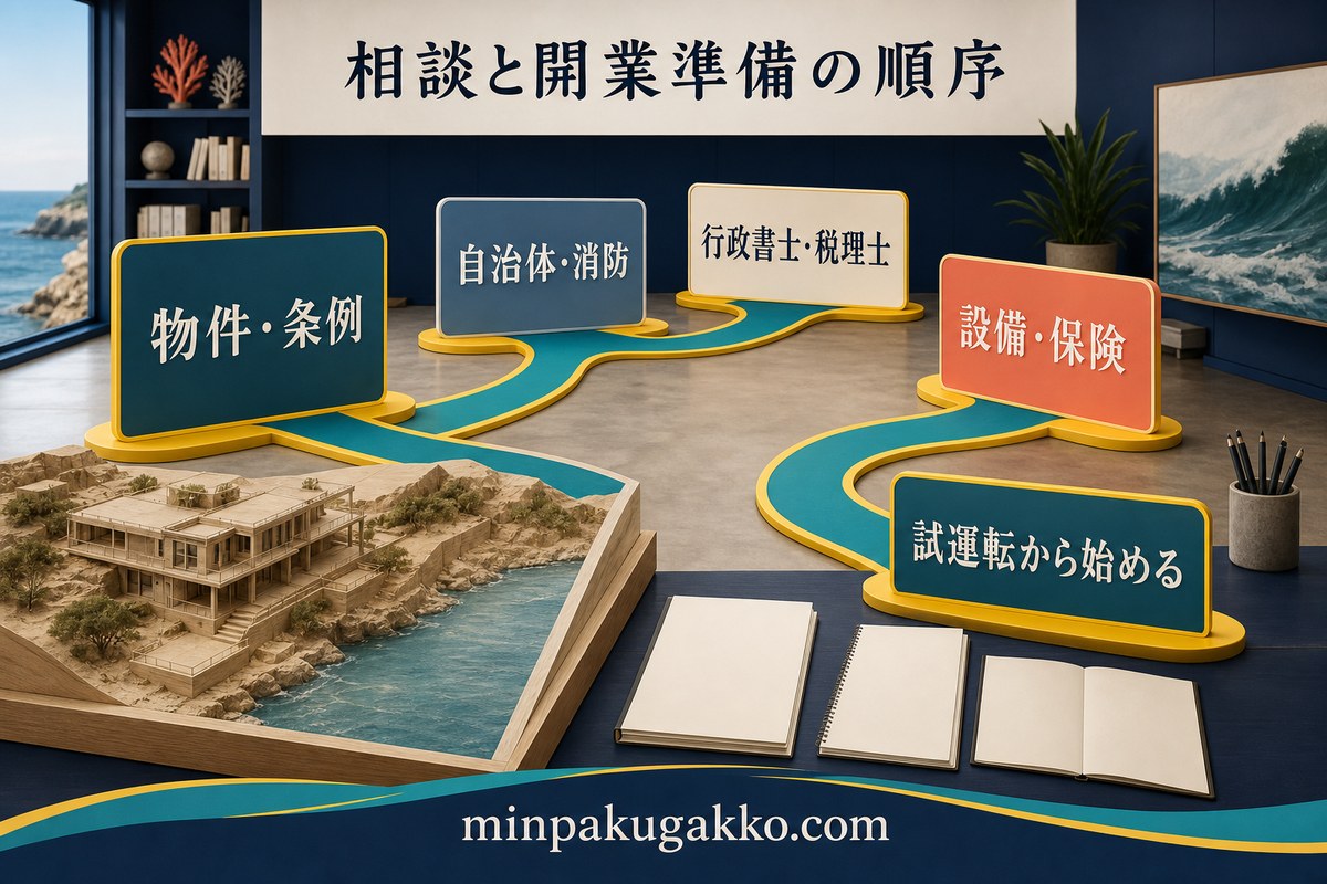 物件と条例、自治体と消防、行政書士と税理士、設備と保険を確認して試運転から始める開業準備図