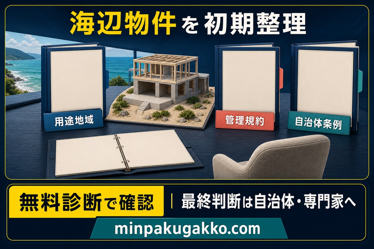 用途地域、管理規約、自治体条例から海辺物件を初期整理し、自治体と専門家の最終確認につなげる無料診断図