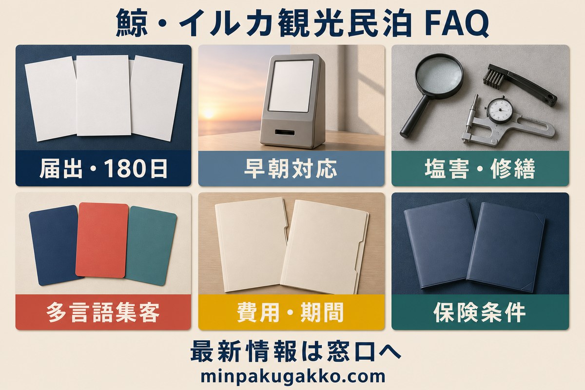 届出と180日、早朝対応、塩害と修繕、多言語集客、費用と期間、保険条件を整理した鯨・イルカ観光民泊のFAQ図