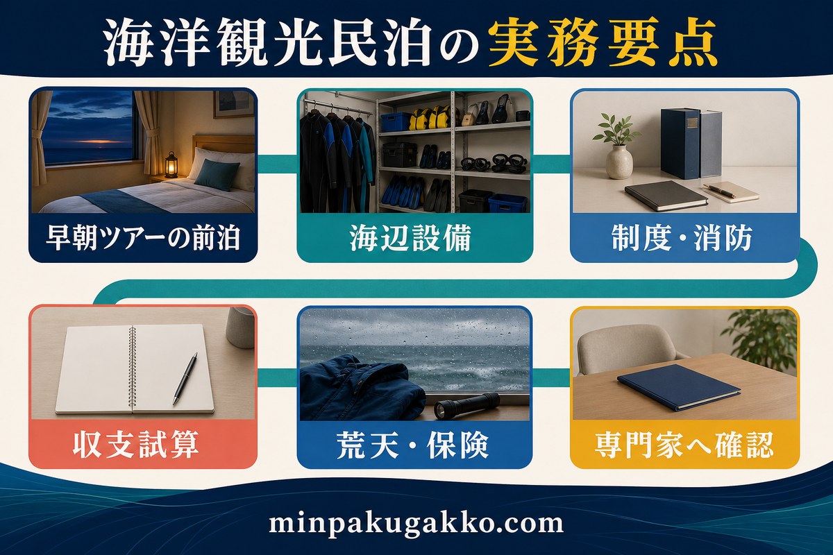 早朝ツアーの前泊、海辺設備、制度と消防、収支試算、荒天と保険、専門家確認を整理した海洋観光民泊のまとめ図