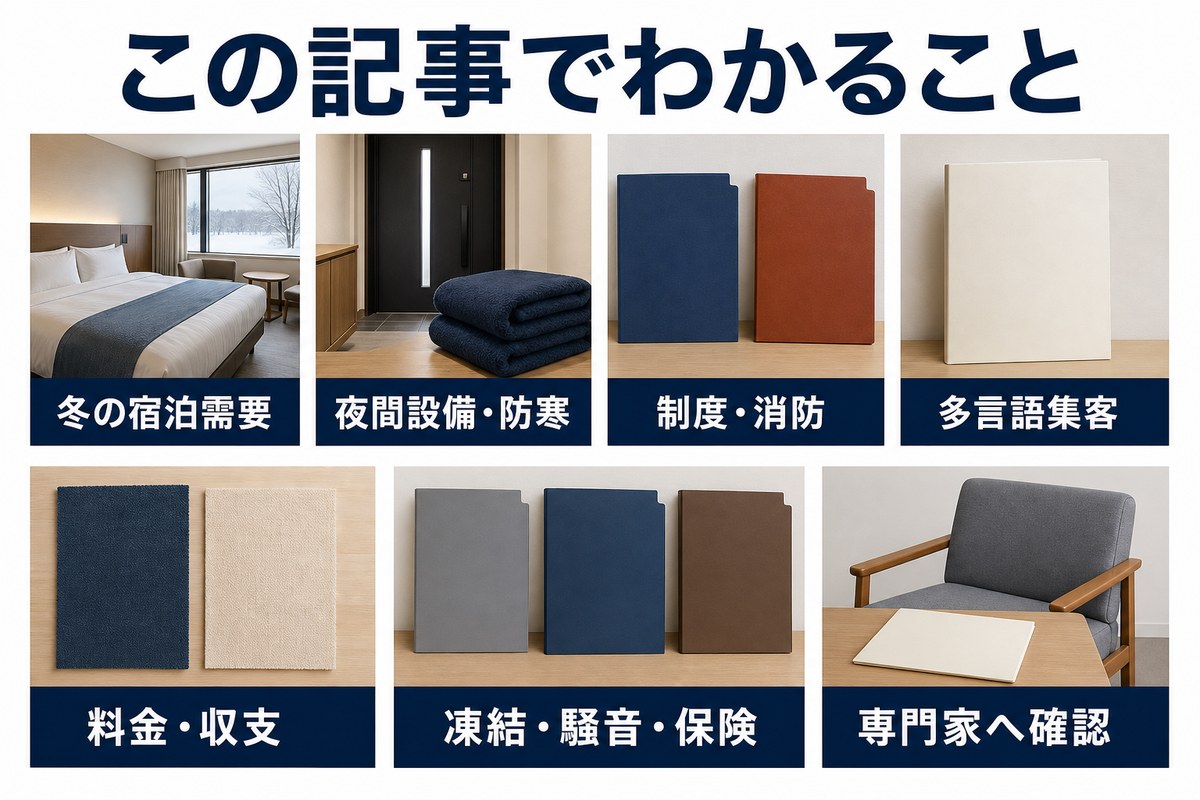 冬の宿泊需要、夜間設備と防寒、制度と消防、多言語集客、料金と収支、凍結と騒音と保険、専門家確認を整理した記事概要図