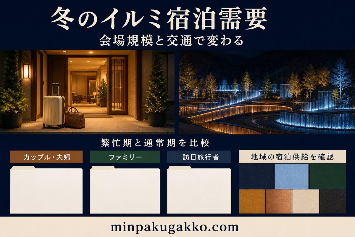 会場規模と交通、カップルと夫婦、ファミリー、訪日旅行者、繁忙期と通常期、地域の宿泊供給を整理した冬の宿泊需要図