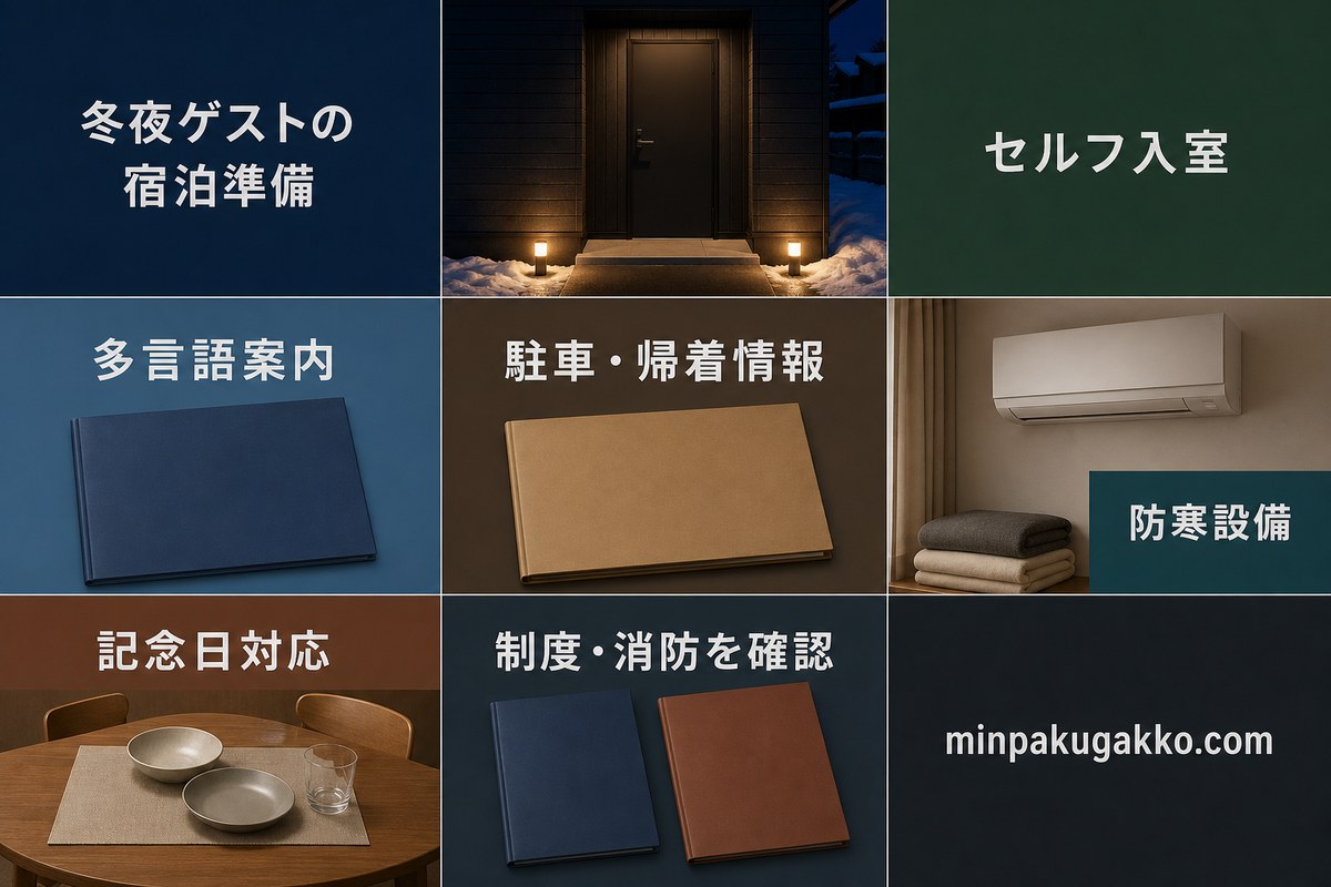 セルフ入室、多言語案内、駐車と帰着情報、防寒設備、記念日対応、制度と消防を整理した冬夜ゲスト向け宿泊準備図