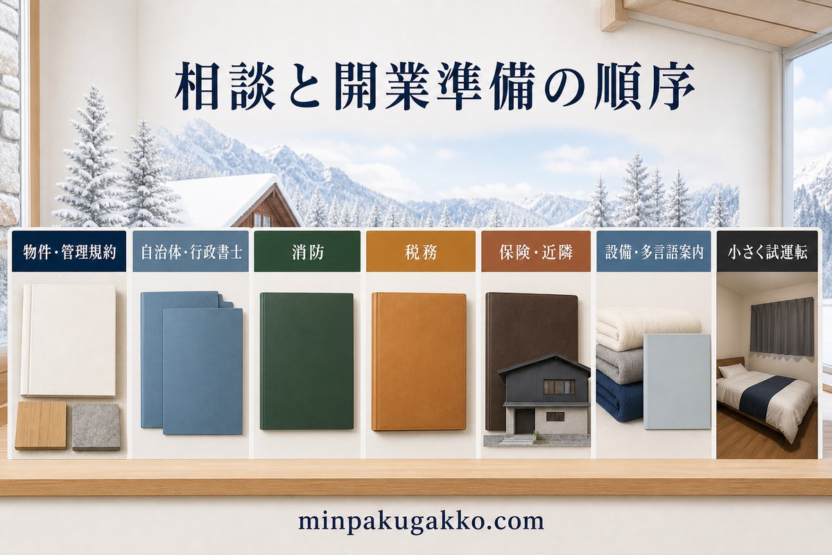 物件と管理規約、自治体と行政書士、消防、税務、保険と近隣、設備と多言語案内を順に確認して小さく試運転する開業準備図