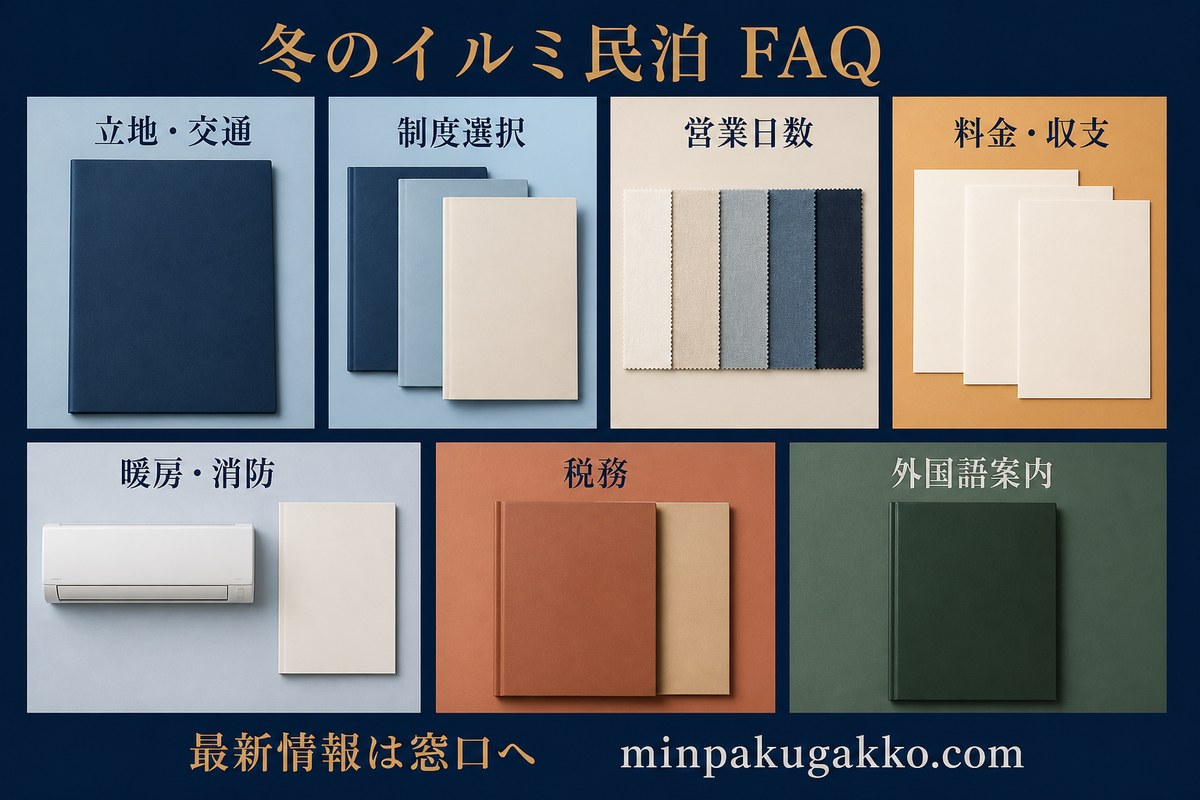 立地と交通、制度選択、営業日数、料金と収支、暖房と消防、税務、外国語案内を整理した冬のイルミ民泊FAQ図