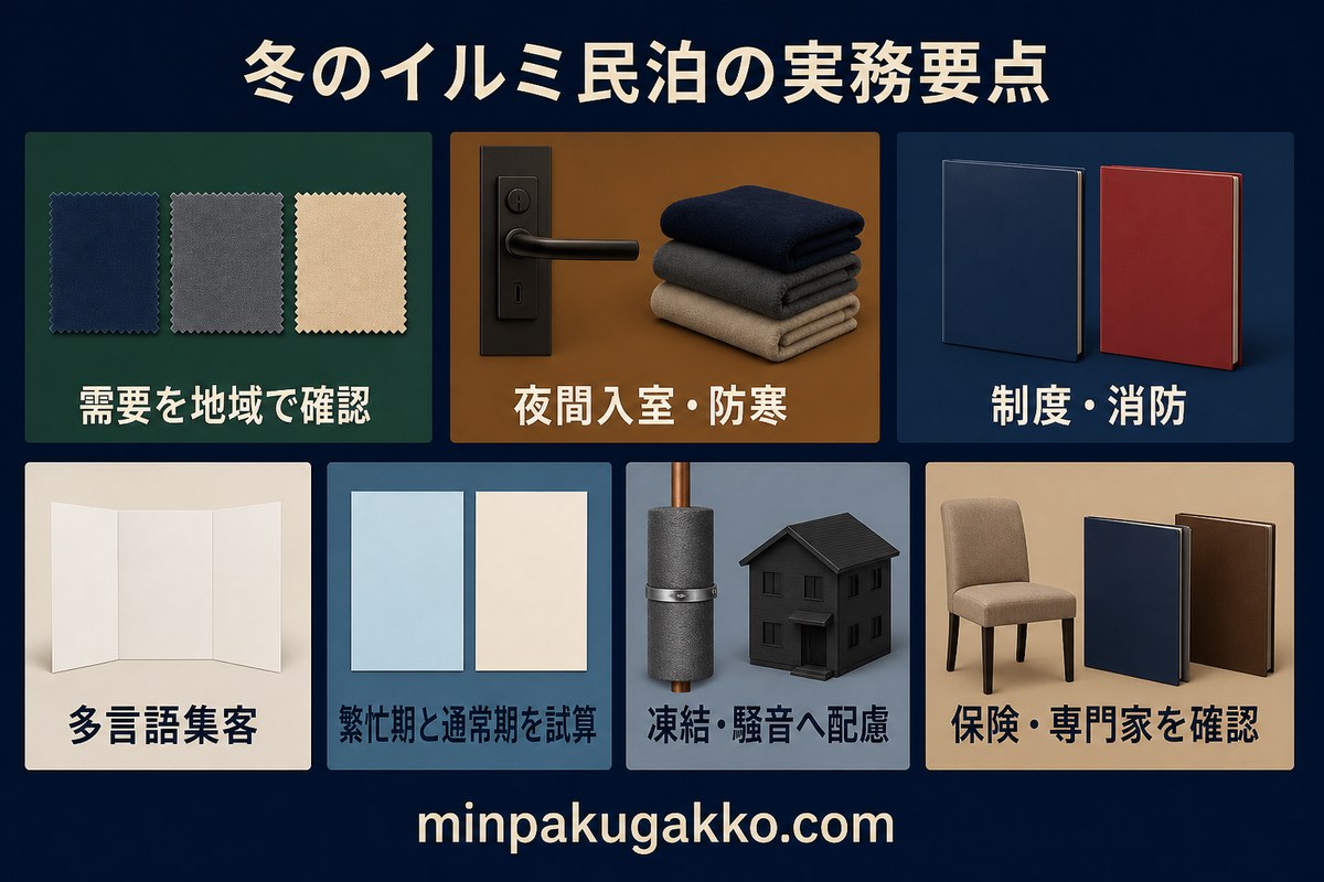 地域需要、夜間入室と防寒、制度と消防、多言語集客、繁忙期と通常期、凍結と騒音、保険と専門家確認を整理した実務要点図