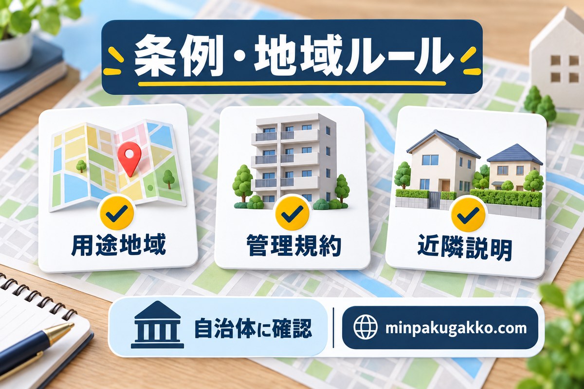 茨城県の民泊で条例・用途地域・管理規約・近隣説明を確認する図