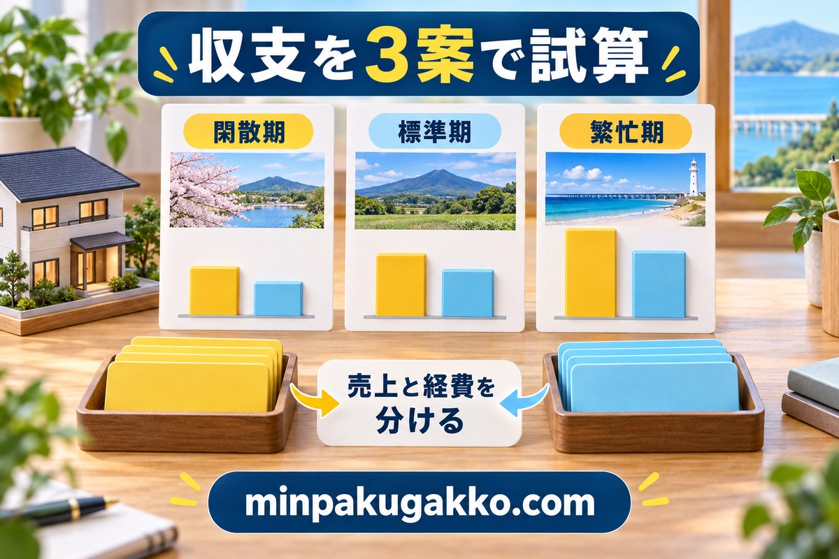 茨城県の民泊収支を閑散期・標準期・繁忙期で試算する図