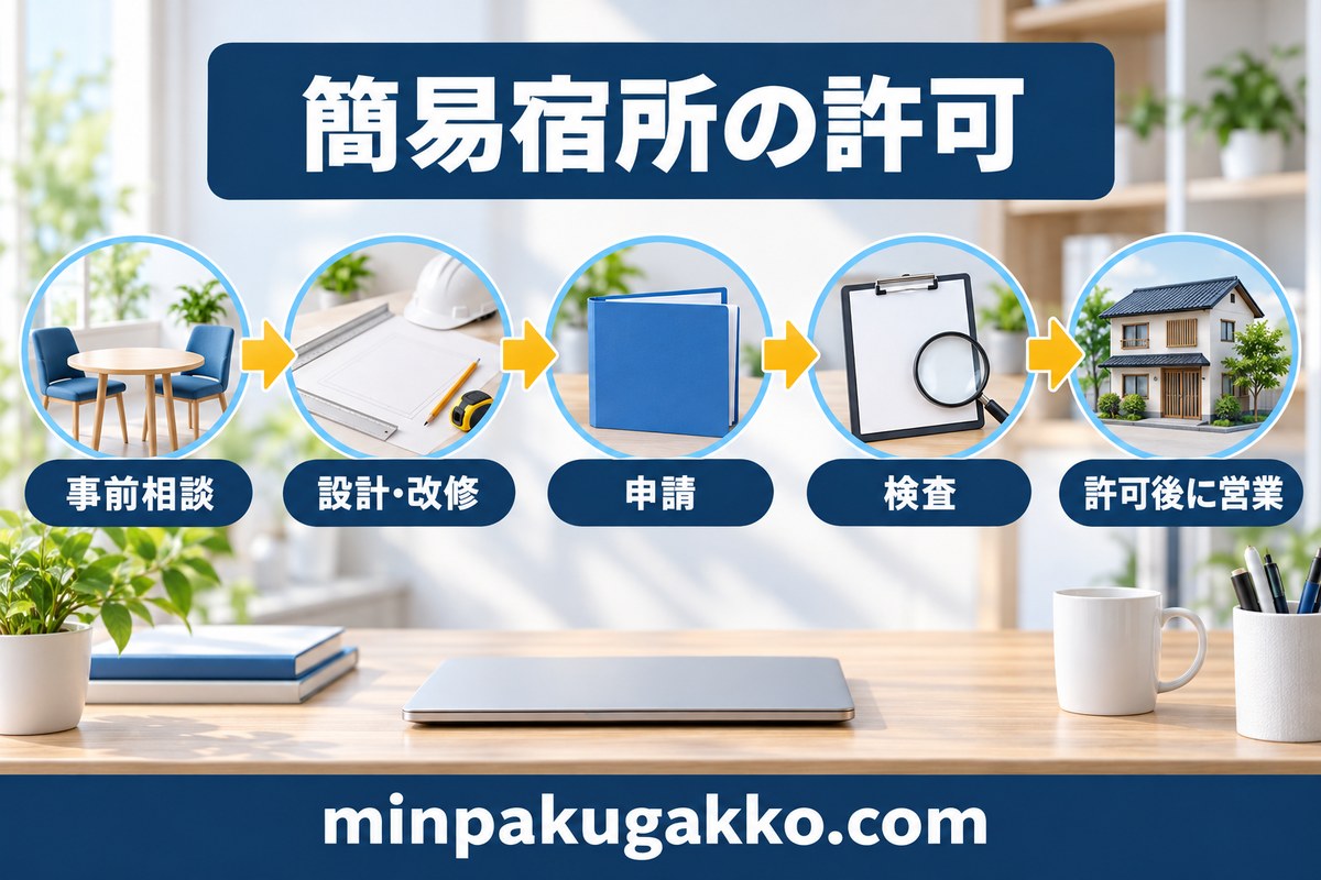 簡易宿所の許可申請を事前相談から営業開始まで確認する図