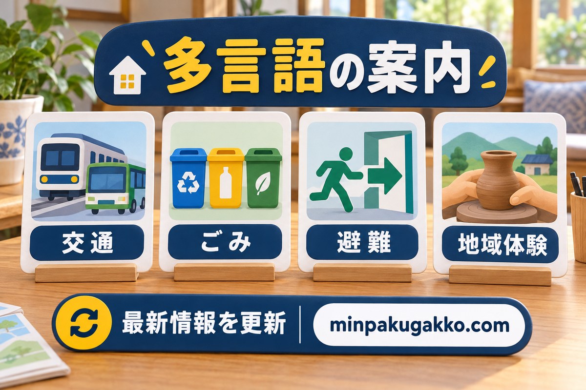 外国人宿泊客向けに交通・ごみ・避難・地域体験を案内する図
