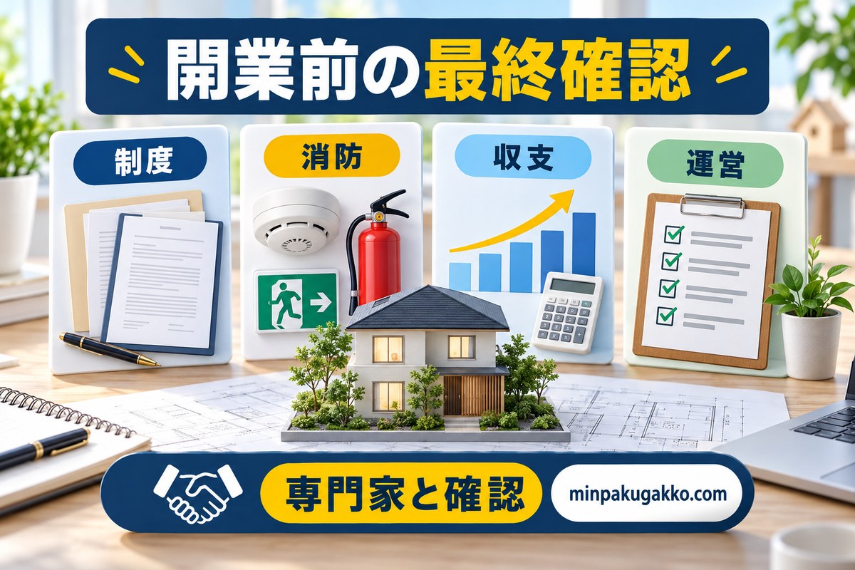 民泊開業前に制度・消防・収支・運営を専門家と確認する図