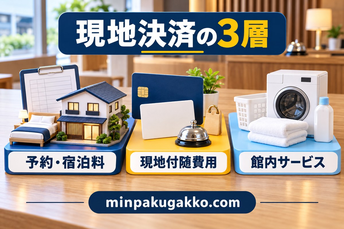 民泊の現地決済を予約・宿泊料、現地付随費用、館内サービスの3層で整理する図